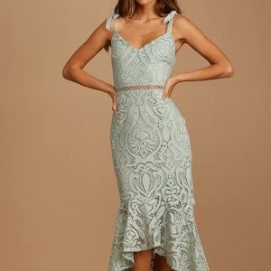 Won Your Heart Sage Green Lace Tie-Strap High-Low Midi Dress